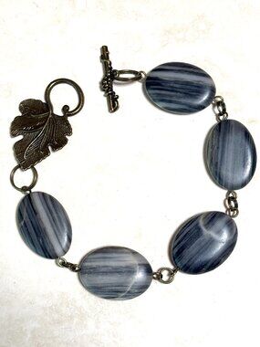 2/$20, Genuine Dark Grey Banded Agate Bracelet w/ Bronze Grape Leaf Toggle